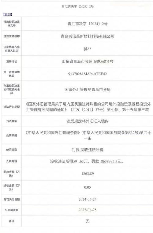 青岛一企业因 违规将外汇汇入境内 被罚1863万元